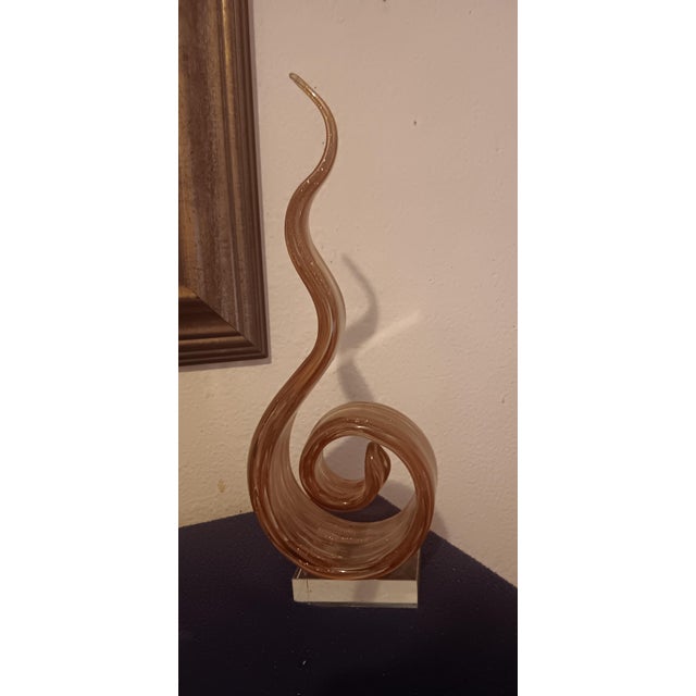 Contemporary Contemporary Amber & Clear Hand-Blown Art Glass Ribbon Sculpture on Crystal Base For Sale - Image 3 of 11