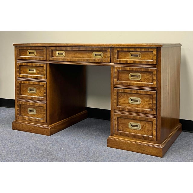 Campaign Vintage Campaign Style Double Pedestal 7 Drawer Desk For Sale - Image 3 of 11