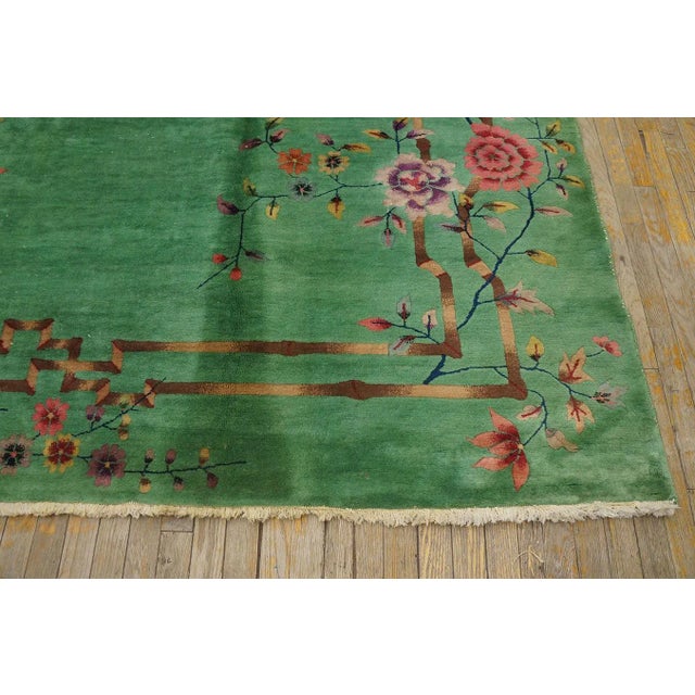 Outstanding Jade-Green Background Color With Details of Purple Flowers Vases in a Floral Design Chinese Art Deco Rug For Sale - Image 15 of 15