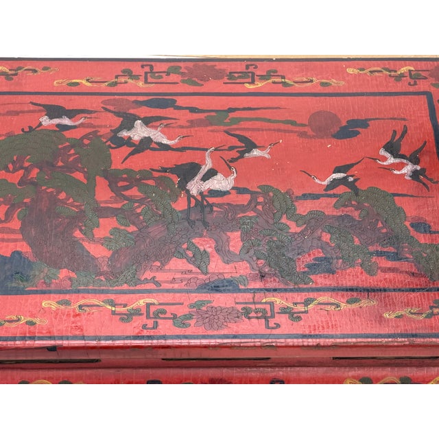 Vintage Distressed Red White Cranes Pine Graphic Rectangular Stand Table For Sale - Image 12 of 12