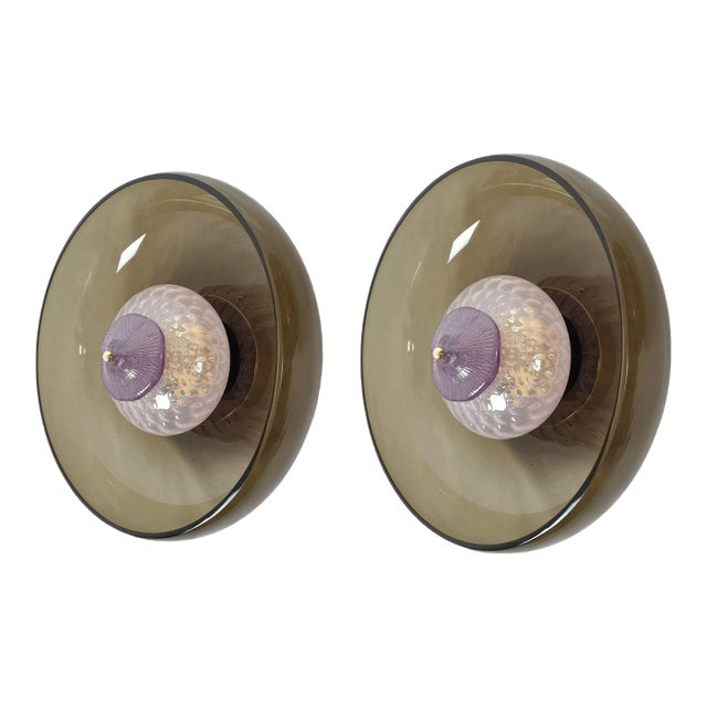 Pair of 1990s Brown Glass Mid-Century Modern Sconces For Sale