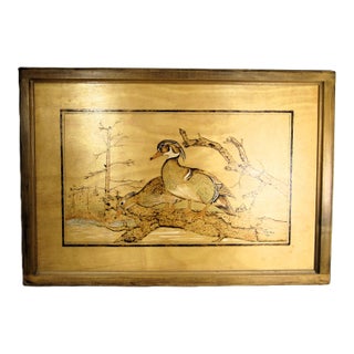 Late 20th Century Folk Art Choctaw Native American Pyrogrophy Wood Burning Wood Duck Art Signed For Sale