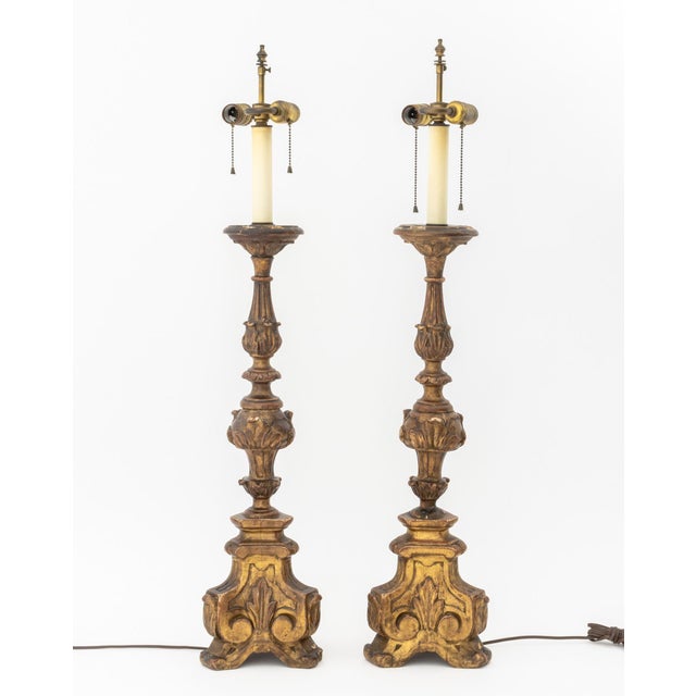 Pair of Italian Baroque Revival Giltwood Candlesticks Mounts as Table Lamps, late 19th century, acanthus leaf motif. 28" H...