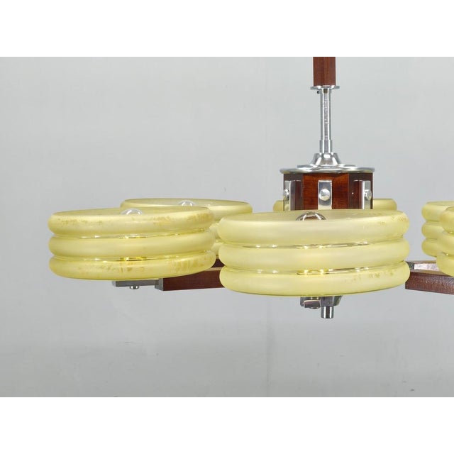 Art Deco Chrome and Walnut Chandelier, Czechoslovakia, 1930s For Sale - Image 4 of 16