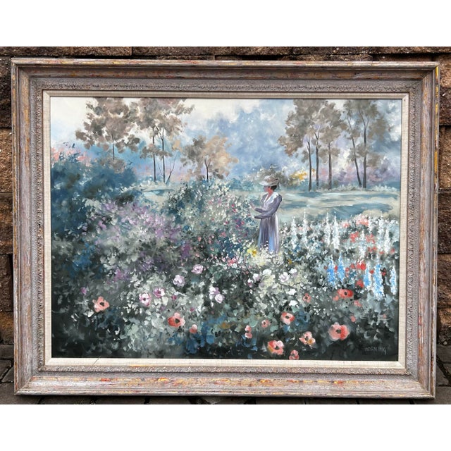 Vintage impressionist landscape garden painting on canvas by listed artist Elizabeth J Horning. The painting depicts a...