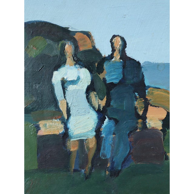 Green Mid-Century Modern 'Seaside Bench' Mini Abstract Figurative Landscape Oil Painting by Swedish Artist Eric Elfvén (1921–2008), Framed For Sale - Image 8 of 10