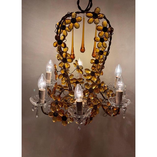 Flower Basket Chandelier with Amber Color Crystals, 1950s For Sale - Image 17 of 18