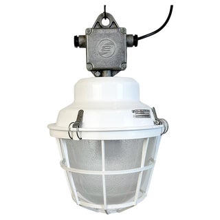 Industrial White Factory Light with Plastic Grid from Elektrosvit, 1990s For Sale