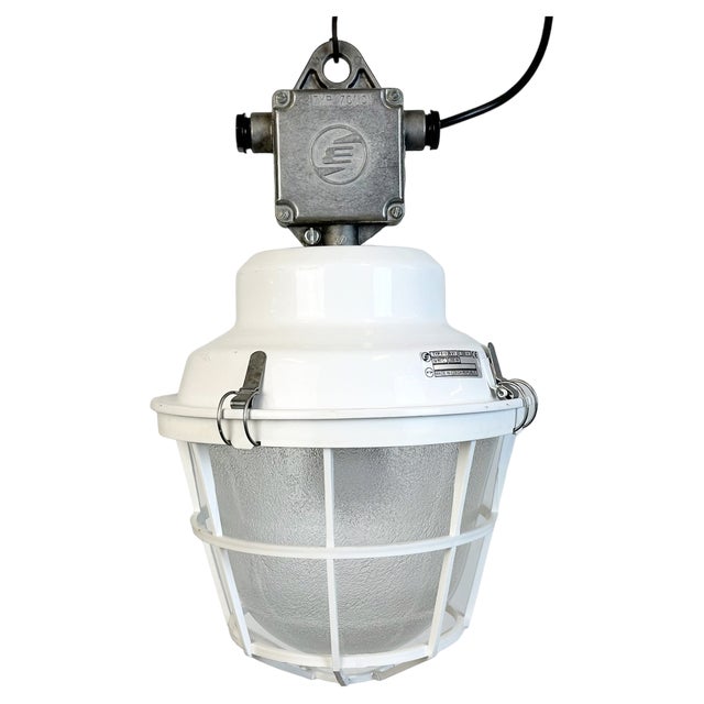 Industrial White Factory Light with Plastic Grid from Elektrosvit, 1990s For Sale