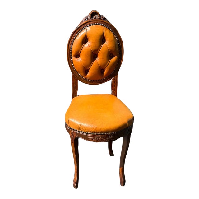 1970s Vintage Carved Italian Wood and Leather Vanity Chair For Sale