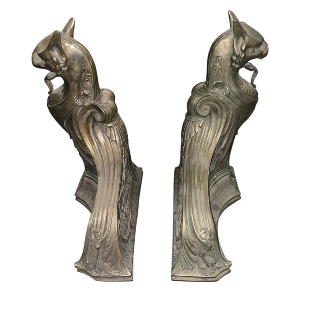 This striking pair of French Art Nouveau andirons, dating to the early 20th century, is sculpted in the form of stylized...