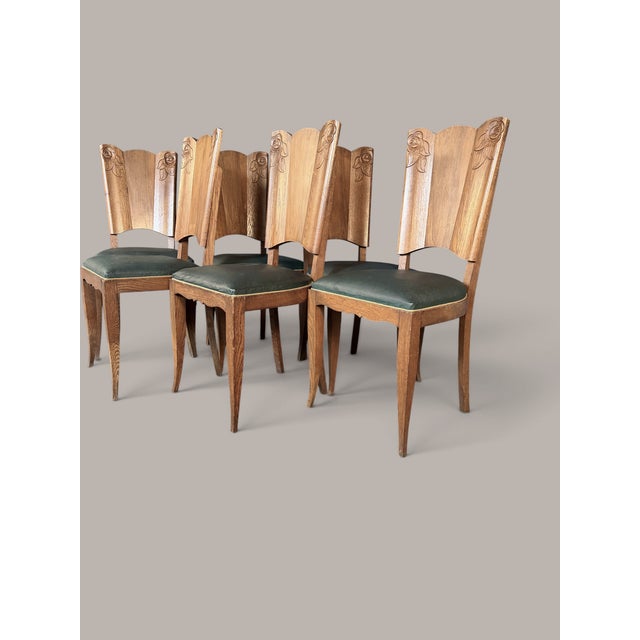 Wood Art Nouveau Dining Chairs in Oak with Carved Rose Motifs, 1920, Set of 6 For Sale - Image 7 of 9