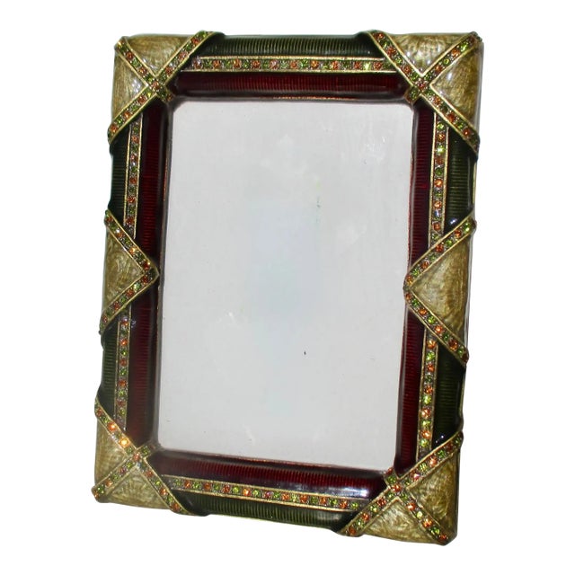 Vintage Enamel and Jeweled Brass Photo Frame For Sale