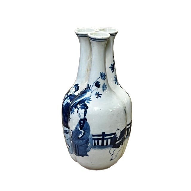 Chinese Chinese Blue White Porcelain 3 Mouths Ladies Kids Theme Vase Display For Sale - Image 3 of 7