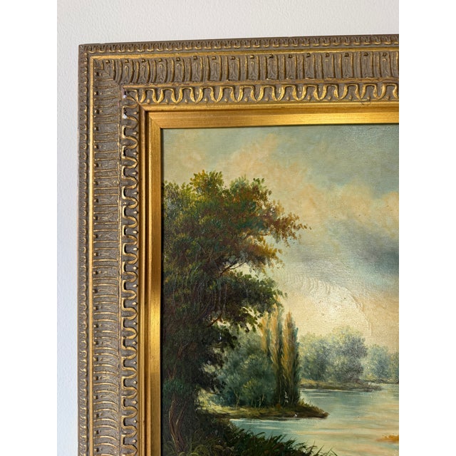 Vintage European Countryside River Landscape Oil Painting on Canvas – Framed For Sale - Image 4 of 17