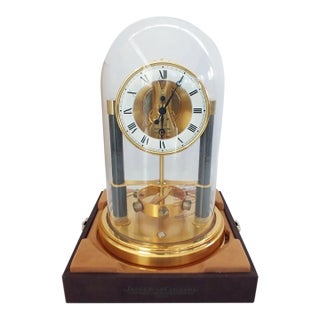 VTG Jeager Lecoultre Atmos 150th Anniversary Clock Gilt Brass Box & Glass Dome For Sale