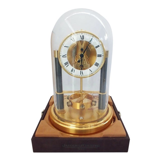 VTG Jeager Lecoultre Atmos 150th Anniversary Clock Gilt Brass Box & Glass Dome For Sale