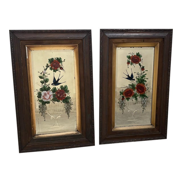 19th Century Pair of Victorian Reverse Painted and Cut Glass Framed Mirrors For Sale