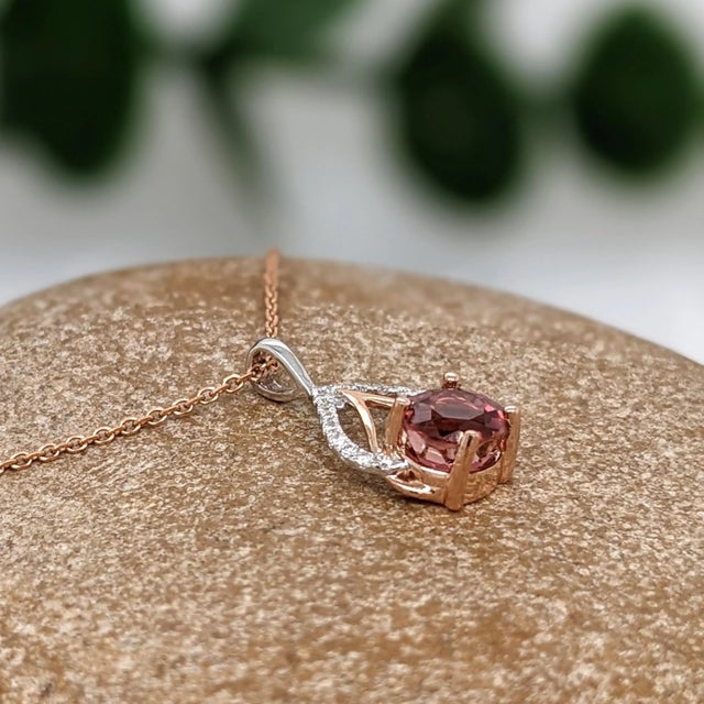 Modern Pink Tourmaline Pendant with Natural Diamonds in Solid 14k Dual Tone Gold Round 5mm For Sale - Image 3 of 8