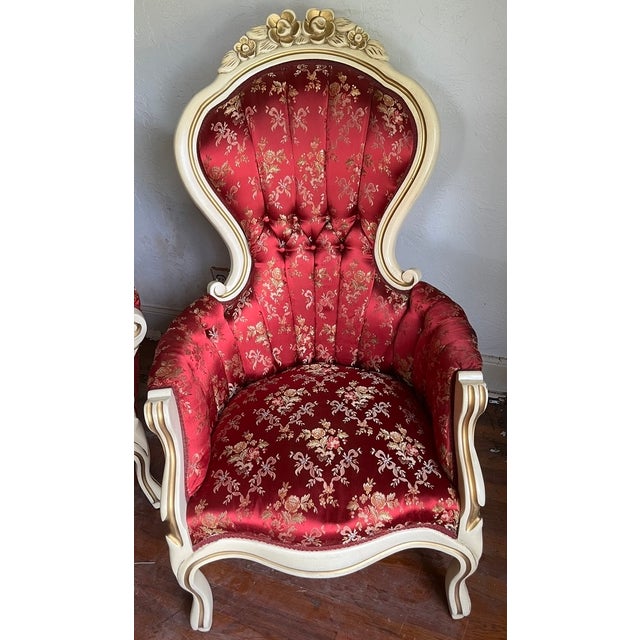 Mid 20th Century 3-Piece Victorian Rococo Revival Style Parlor Suite — Carved Cream & Gold Frames, Burgundy Brocade For Sale - Image 4 of 18