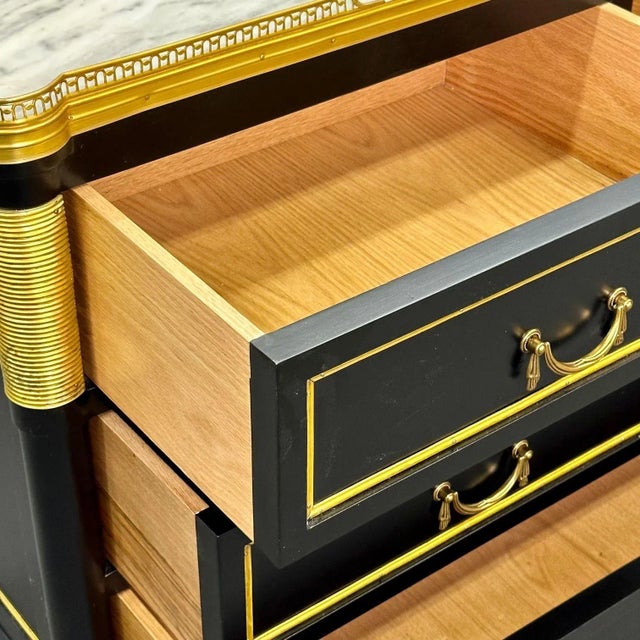 1960s Louis XVI Style, Hollywood Regency, Commodes, Black Painted Wood, Bronze, Marble For Sale - Image 5 of 11