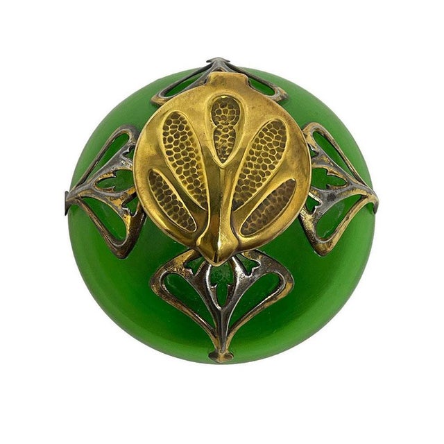 Art Nouveau green iridescent art glass inkwell, ca 1900 An inkwell with green iridescent blown glass with gilded Art...