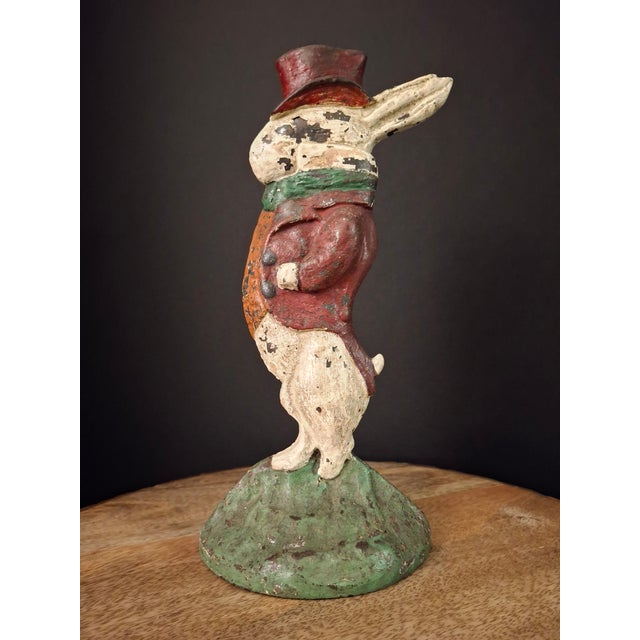 1920s Antique Cast Iron Gentleman Rabbit Doorstop Albany Foundry 94 Top Hat For Sale - Image 5 of 18