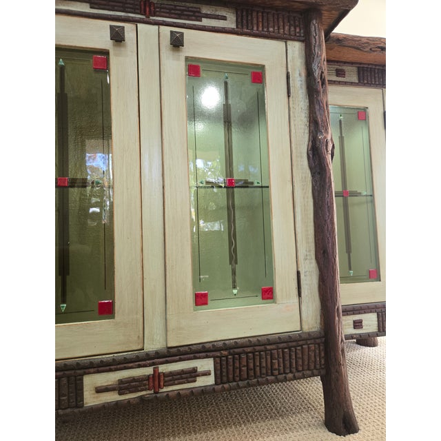 Diane Ross Signed Rustic Breakfront Credenza-Reclaimed Oak & Fused Glass Art For Sale - Image 16 of 18