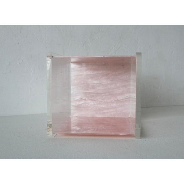 Mid-Century Modern Vintage Mid-Century Acrylic Lucite Pink Mother of Pearl/Marble Effect Rectangular Wastebasket For Sale - Image 3 of 13