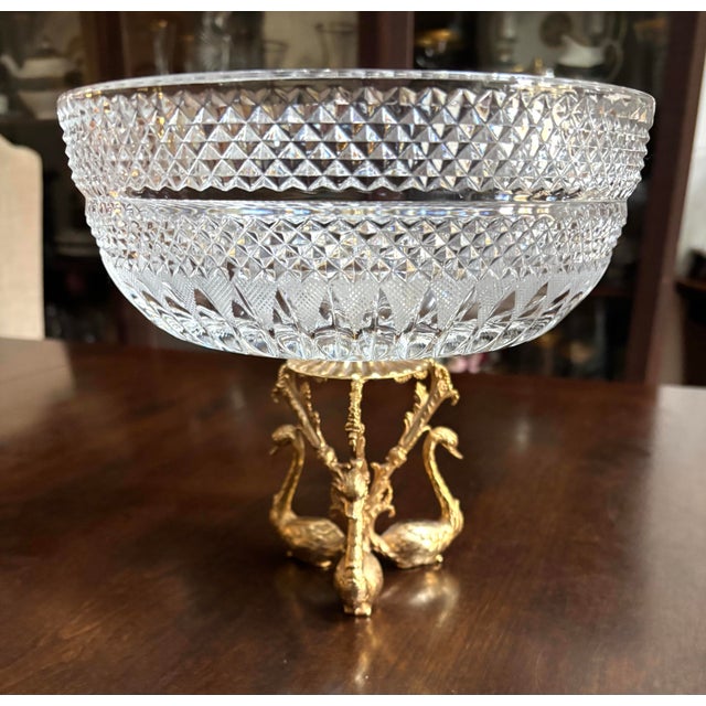 Glass 1980s Beautiful Vintage Diamond Cut Crystal Bowl W/Brass Swan 3 Footed Base French Ormolu Cut Crystal. 7.75" Tall X 8.5" Wide. Excellent Condition!! For Sale - Image 7 of 7