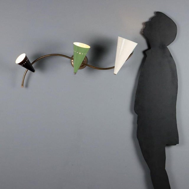 Vintage wall or ceiling lamp with metal fitting and three adjustable conical diffusers in different colours and sizes in...