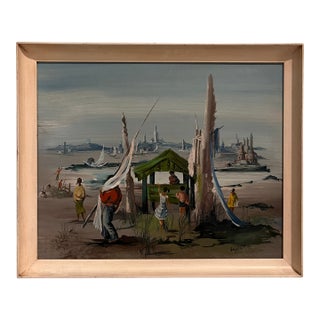 Mid-Century Modern Coastal Harbor Painting, Signed Hazel Ware, New York Gallery For Sale