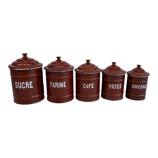 Set of Five French Reddish Brown Enamel Kitchen Canisters With Original Lids For Sale