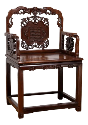 Chinese Rosewood 19th Century Chair with Hand Carved Back and Arm Supports