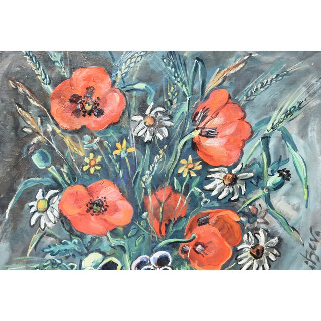 Friedrich Kunitzer, Still Life with Poppies & Jug, 1970s, Oil on Canvas, Framed For Sale - Image 4 of 13
