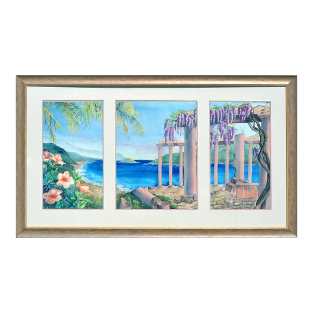 Large Scale Triptych Watercolor Landscape -- Paradise Cove by Isabel McCauley For Sale