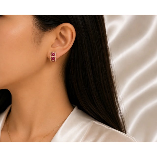 Contemporary 14K Pink Rose Gold Diamond Ruby Flower Huggie Earrings Estate Floral For Sale - Image 3 of 3