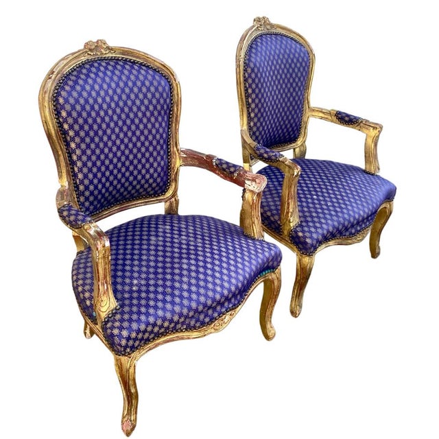 Baroque Louis XV Style Baroque Armchairs in Blue Satin Fabric with Patterns, 1920s, Set of 2 For Sale - Image 3 of 7