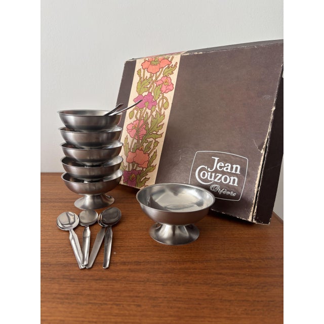 Silver Vintage French Bistro Style Stainless Steel Ice Cream Bowls and Spoons from Jean Couzon, 1970s, Set of 12 For Sale - Image 8 of 8