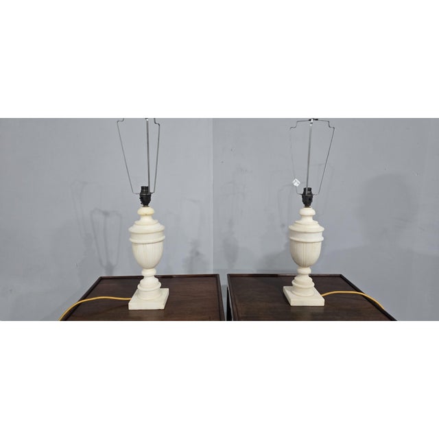 Very good pair of white marble urn shaped table lamps, reqired and in overall very good condition. 15" high 4.25" square...