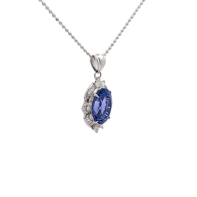 Early 21st Century 9.73 Carat Tanzanite Diamond Platinum Halo Pendant Necklace For Sale - Image 5 of 7