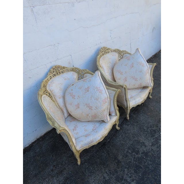 Cream French Heavy Carved Side Lounge Den Fireplace Chairs a Pair 6239 For Sale - Image 8 of 15