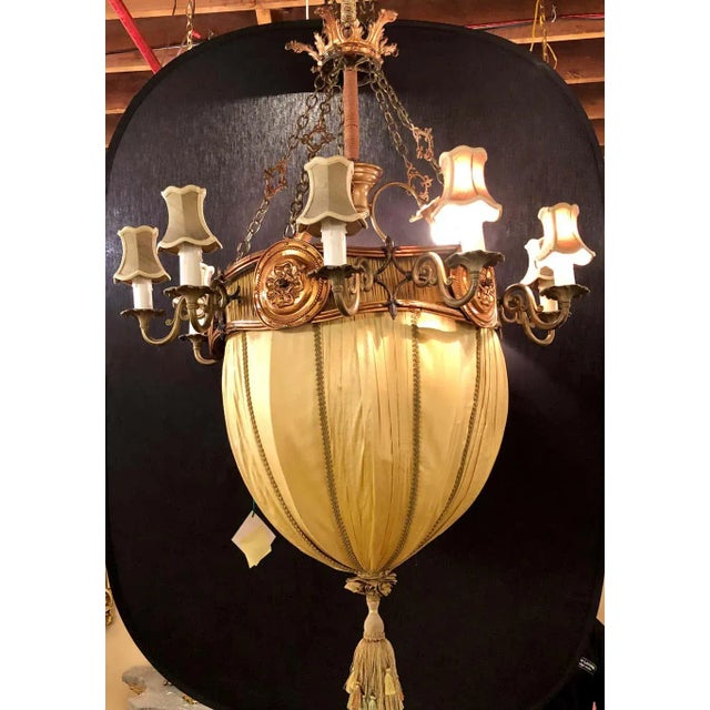Palatial Light Fixture in Copper, Brass and Iron With Silk Dome Shade For Sale - Image 4 of 13