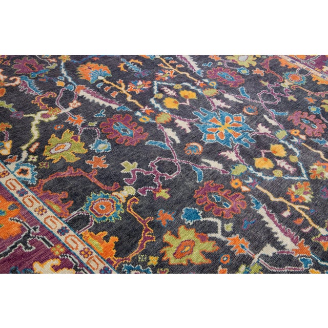 Modern Oushak Handmade Allover Floral Grey and Purple Wool Rug For Sale - Image 11 of 13