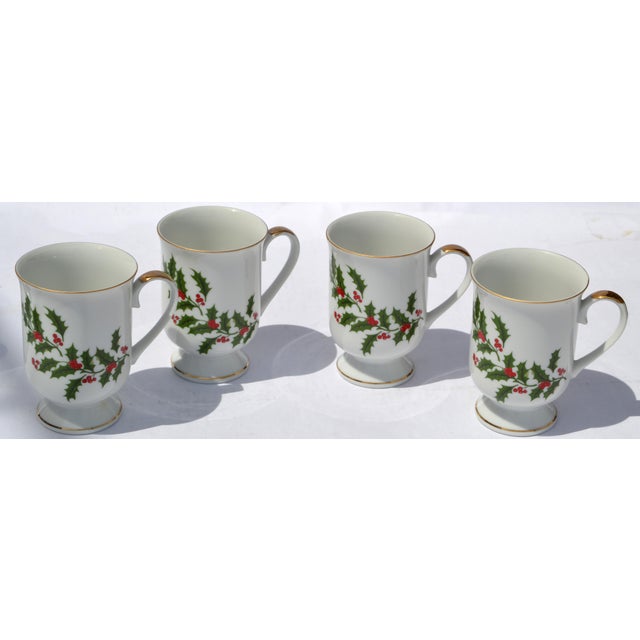 1970s Set 4 Japan Porcelain & Gold Trim Footed Mug Christmas Holly by All the Trimmings For Sale - Image 5 of 16