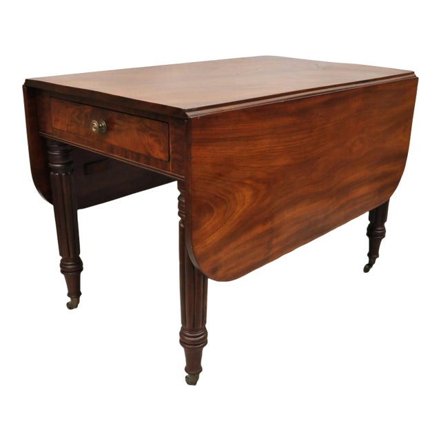 19th C Crotch Mahogany Federal Drop Leaf Breakfast Dining Table W/ Drawer For Sale