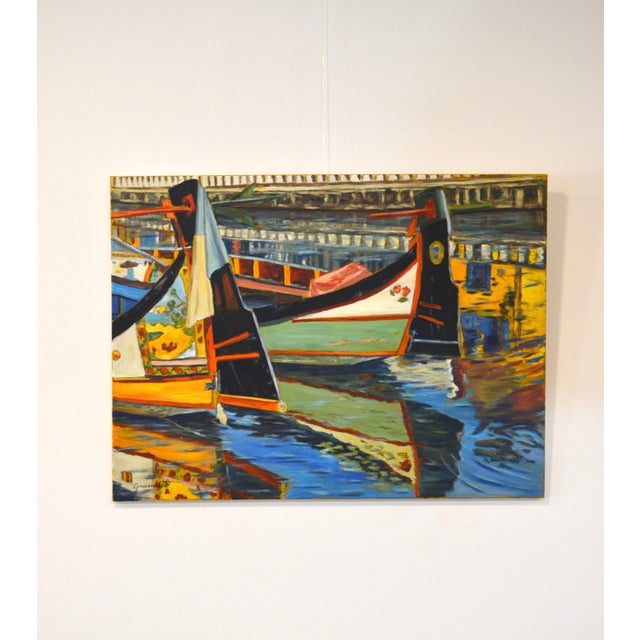 Aveiro Moliceiros, Boats, Portugal, 2002, Oil on Canvas For Sale - Image 6 of 7