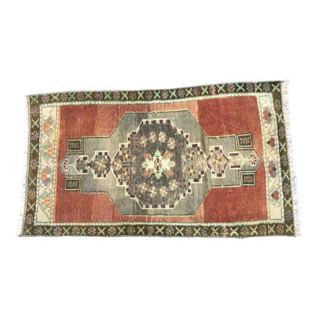 Vintage Turkish Handmade Red and Gray Small Rug For Sale