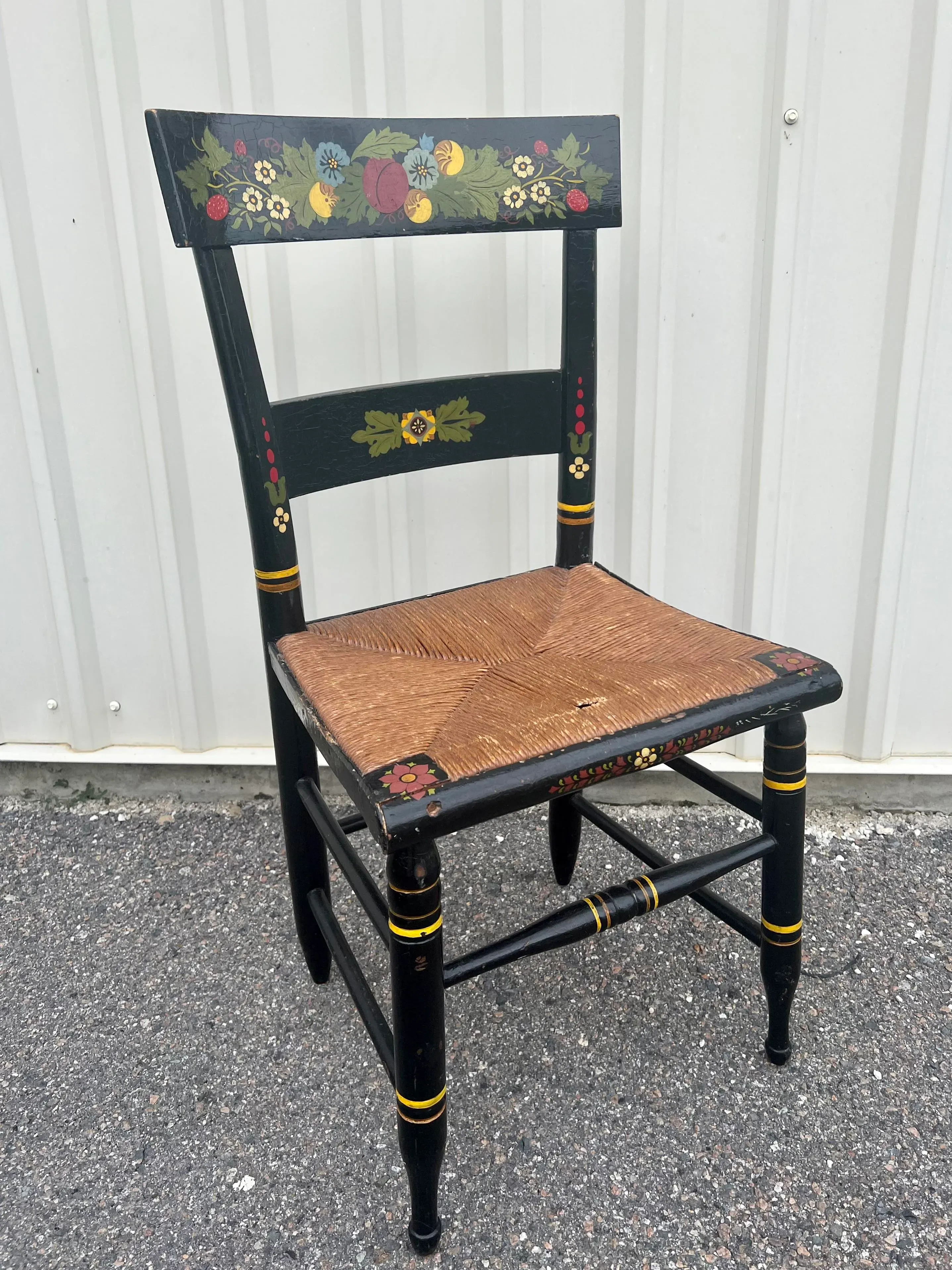 Hand Painted Black Floral Rushed Chair | Chairish