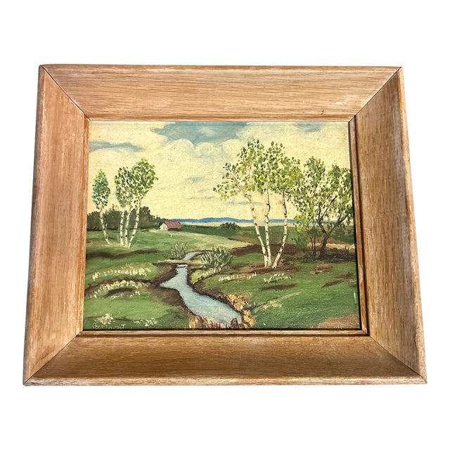 1970’s Original Farm With Running Stream Naive Landscape Painting For Sale